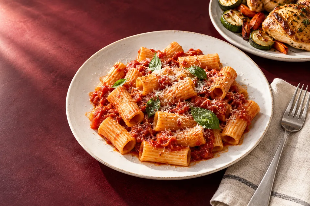 Piatto di rigatoni al pomodoro con basilico e formaggio grattugiato, accanto a pollo alla griglia con verdure
