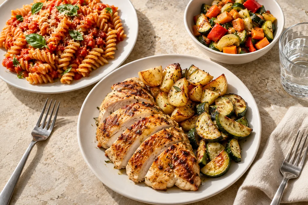 Tavola con fusilli al pomodoro, petto di pollo arrosto con patate e zucchine e una ciotola di verdure saltate